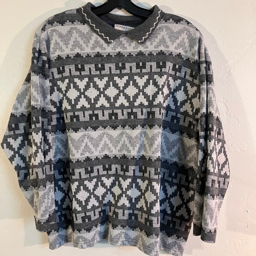 Donnkenny Classics‎ Gray Abstract Pattern Polo Shirt